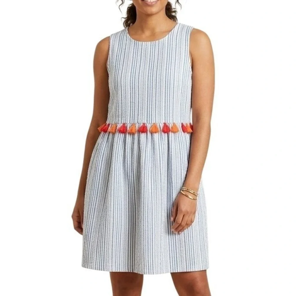 THML Blue White Pin Striped Orange Waist Tassled Mini Dress Women's Size M